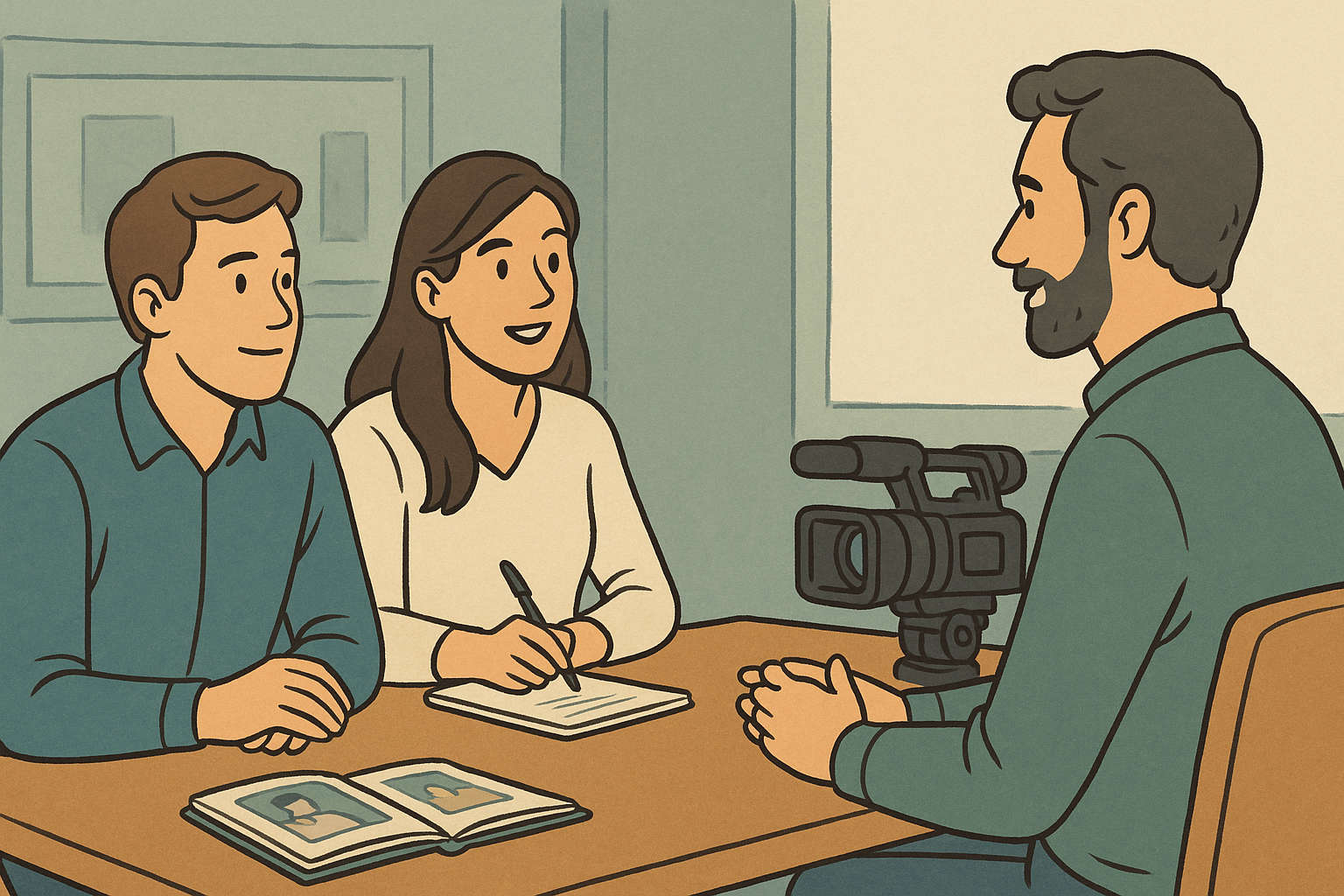 Cartoon illustration of a film editor working at a desk