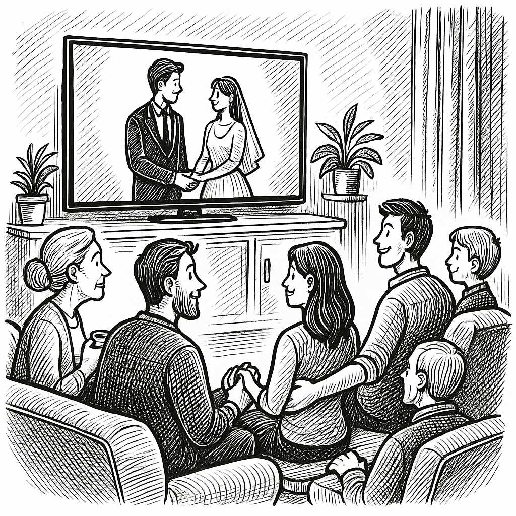 Bride and Groom with Faimily Watching Their Video On TV sketch